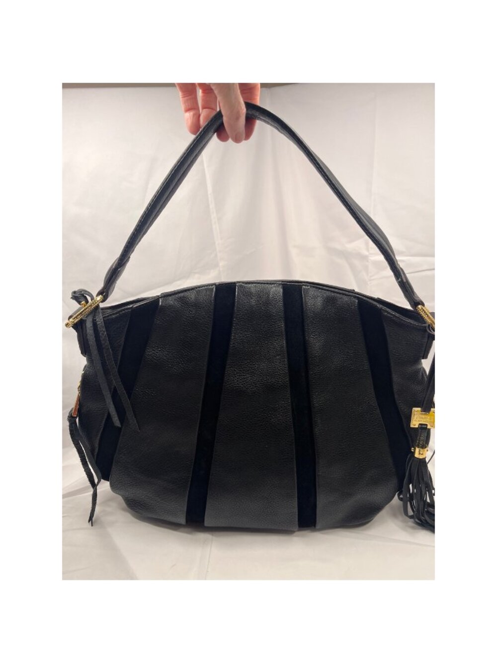 Aimee Kestenberg Black Leather Suede Stripe Hobo Shoulder Bag Gold Tassel